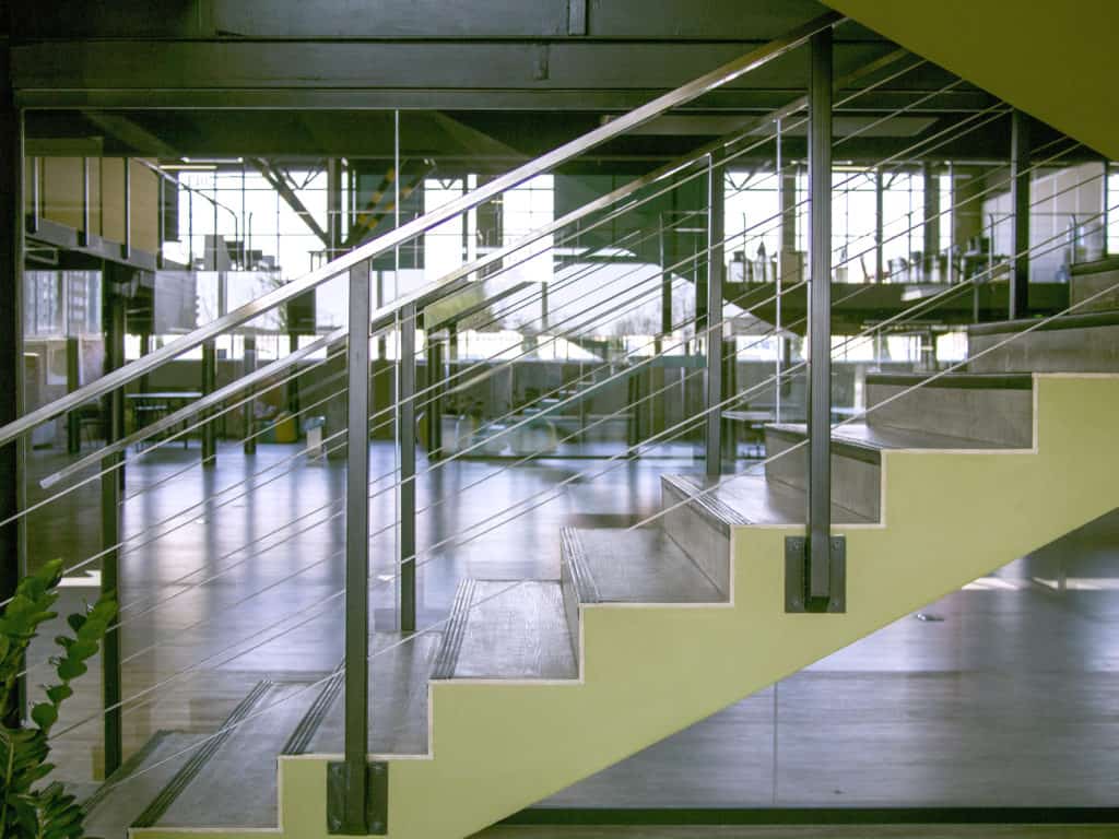 green stairs in office building